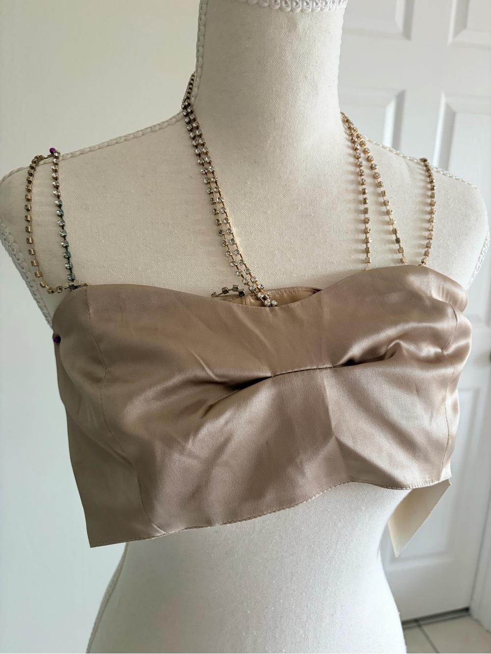 NWT Torn by Ronny Kobo Champagne Satin Rhinestone Bow Crop Top - XS / Small Fram - Picture 4 of 6